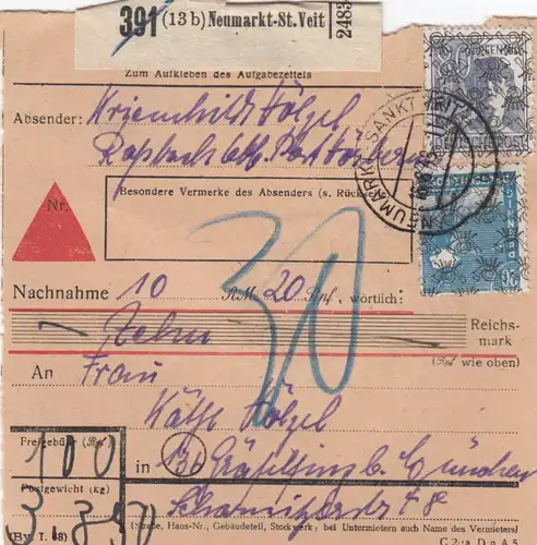 Carte de paquet BiZone 1948: Rosbach Neumarkt après Gräfelfing, remboursement, frais supplémentaires