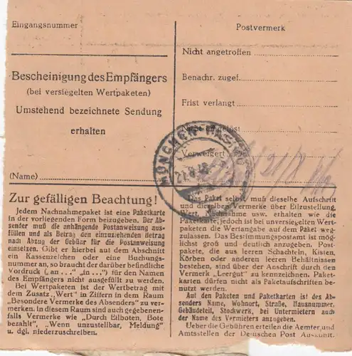 BiZone Paketkarte 1948: Rosbach Neumarkt nach Gräfelfing, Nachnahme, Nachgebühr
