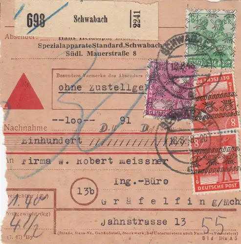 Carte de paquet BiZone 1948: Schwabach, Auto-bookeur, remboursement, frais supplémentaires