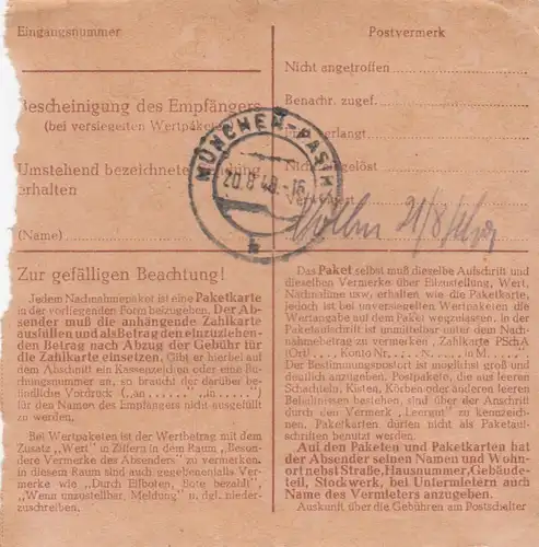 Carte de paquet BiZone 1948: Schwabach, Auto-bookeur, remboursement, frais supplémentaires
