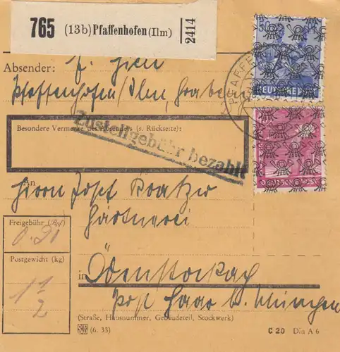 BiZone Paketkarte 1948: Pfaffenhofen nach Haar bei München