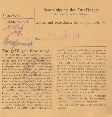 BiZone Paketkarte 1948: Pfaffenhofen nach Haar bei München