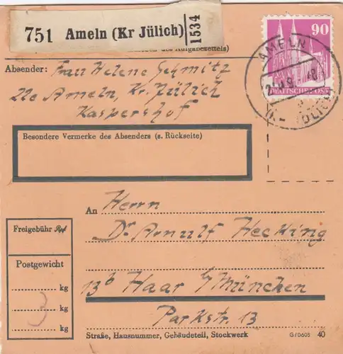 BiZone Paketkarte 1949: Ameln nach Haar bei München