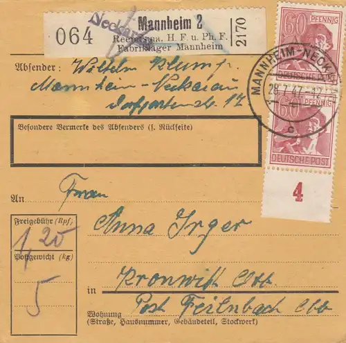 Carte de paquet 1947: Mannheim vers Kronwitt, Post Feilnbach, Auto-booker