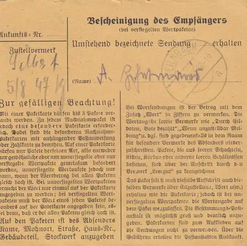 Paketkarte 1947: Mannheim nach Kronwitt, Post Feilnbach, Selbstbucher