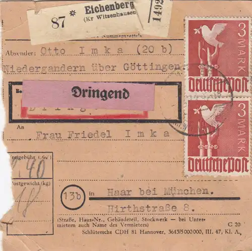 Paketkarte 1948: Niedergandern über Göttingen nach Haar, Dringend