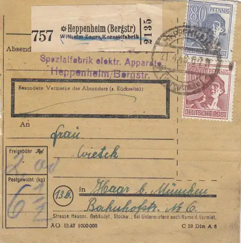 Carte de paquet 1948: Appareils électriques Heppenheim par cheveux