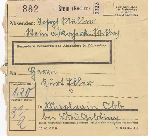 Paketkarte 1947: Stein nach Bad Aibling  Beyharting