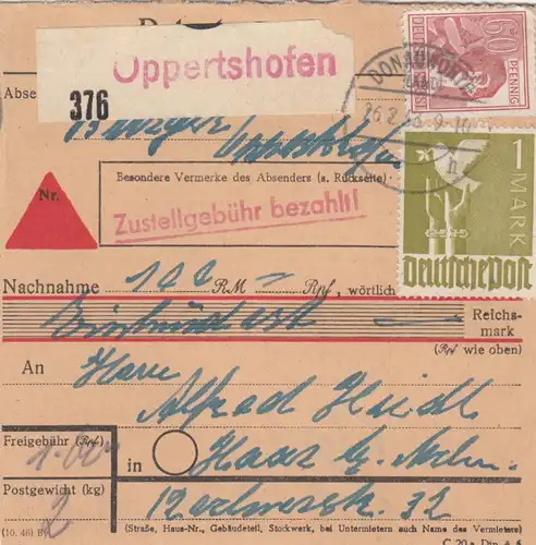 Paketkarte 1948: Oppertshofen nach Haar, Nachnahme