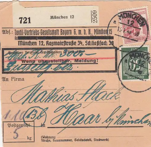 Paketkarte 1948: München nach Haar, Wertkarte, Selbstbucher