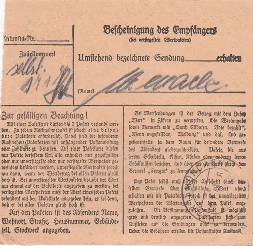 Carte de paquet 1948: Munich par Haar, carte de valeur, auto-réservation