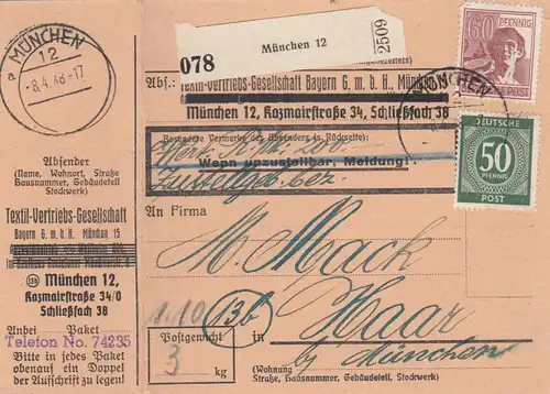 Carte de paquet 1948: Munich 12 par cheveux, carte de valeur, auto-réservation