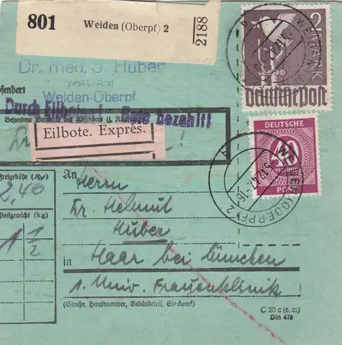 Paketkarte 1947: Weiden nach Haar, besonderes Formular, Eilbote Exprès