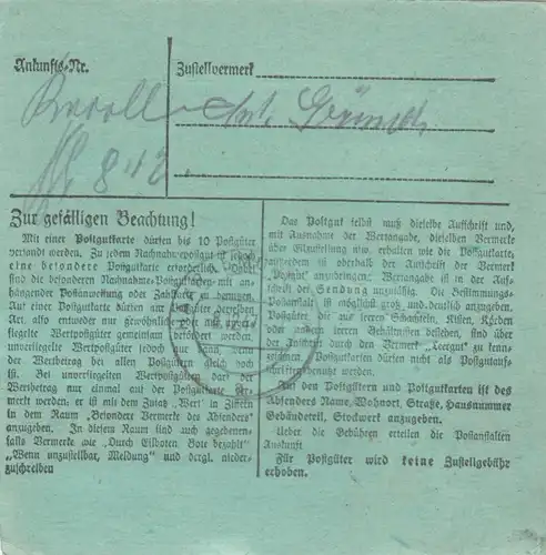 Carte de paquet 1947: saule par cheveux, formulaire spécial, Eilbote Excès