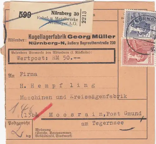Paketkarte 1947: Nürnberg nach Moosrain, Selbstbucher, Wertkarte