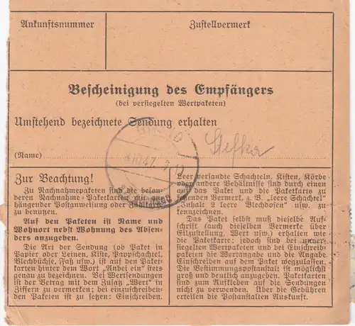 Carte de paquet 1947: Nuremberg vers Moosrain, Auto-bookeur, Carte