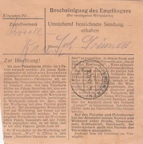 Paketkarte 1947: Gräfeling nach Heilanstalt Eglfing, Wertkarte