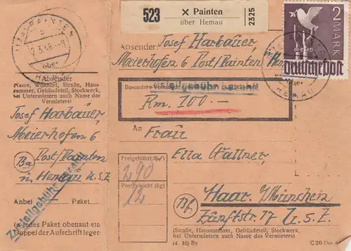 Paketkarte 1948: Maierhofen Painten nach Haar, Wertkarte