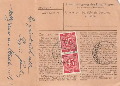 Paketkarte 1948: Maierhofen Painten nach Haar, Wertkarte