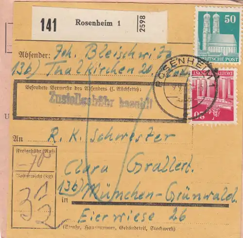 Carte de paquet BiZone 1948: Thalkirchen vers Grünwald, avec carte de colis d'urgence