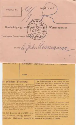 BiZone Paketkarte 1948: Thalkirchen nach Grünwald, mit Notpaketkarte