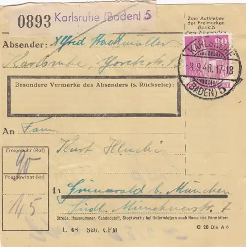 Carte de paquet BiZone 1948: Karlsruhe vers Grünwald