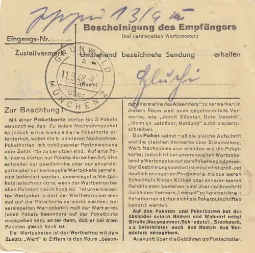 Carte de paquet BiZone 1948: Karlsruhe vers Grünwald