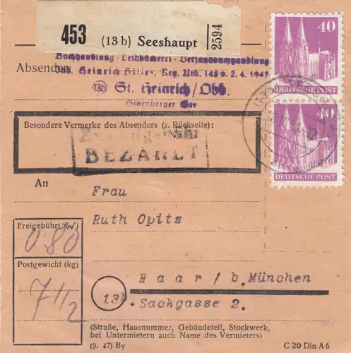 BiZone Paketkarte 1948: Seeshaupt nach Haar