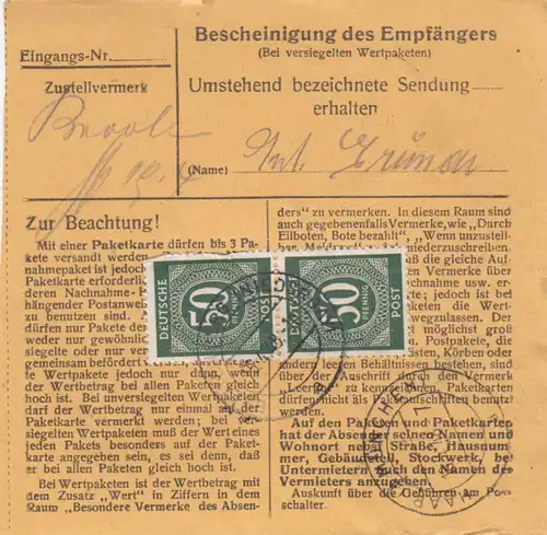 Paketkarte 1948: Breitenberg b. Passau nach Haar 77
