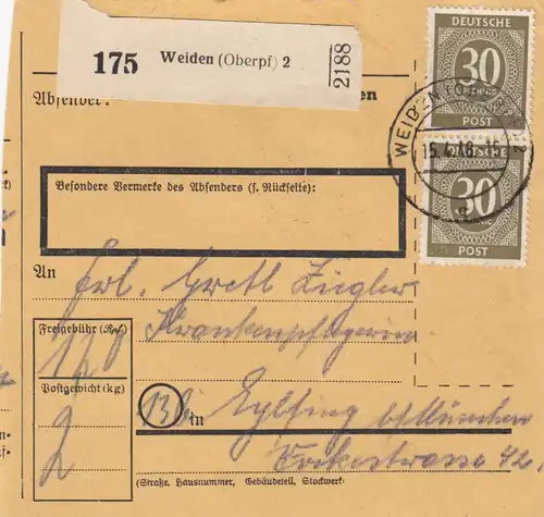 Paketkarte 1948: Weiden nach Eglfing, Krankenpflegerin