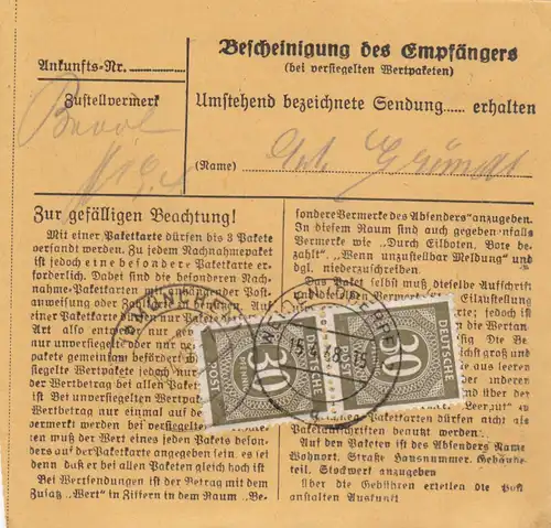 Carte de paquet 1948: Pâturages pour Eglfing, infirmière