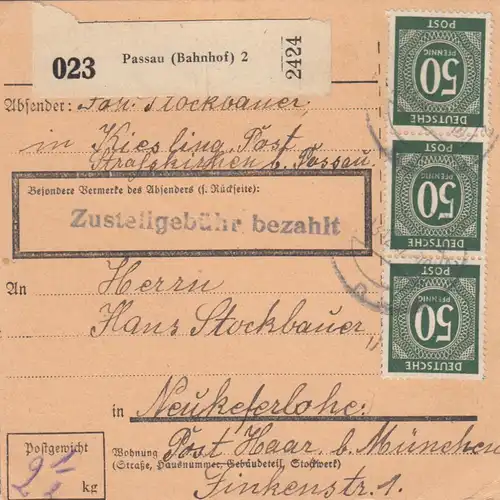 Carte de paquet 1947: Kiesling Strasskirchen vers Keferloh