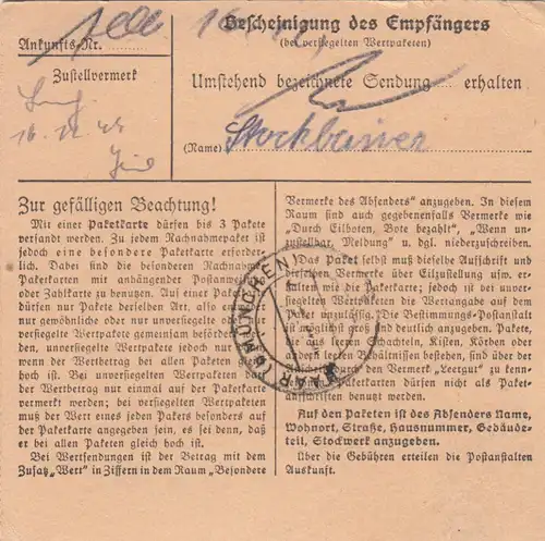 Paketkarte 1947: Kiesling Straßkirchen nach Keferloh