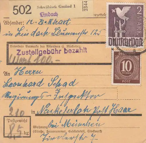 Paketkarte 1948: Lindach nach Neukeferloh, Wertkarte