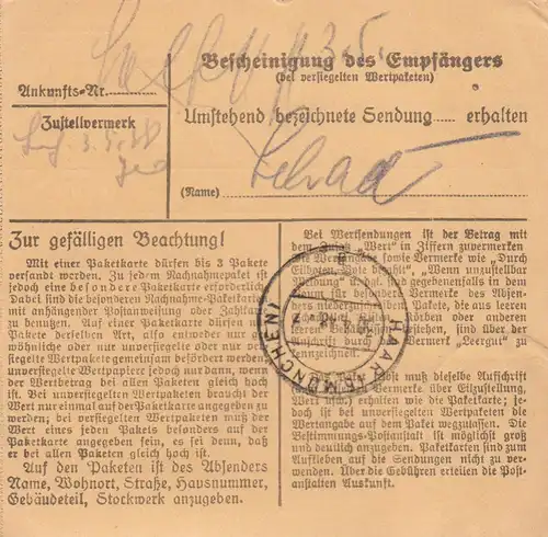 Carte de paquet 1948: Lindach vers Neukeferloh, carte de valeur