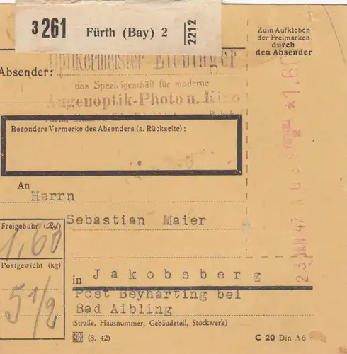 BiZone Paketkarte 1947: Augenoptik Fürth nach Beyharting Bad Aibling
