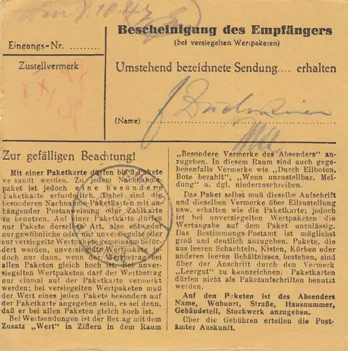 BiZone Carte de paquet 1947: Stuttgart Est par Holz b. Gmund, Urgent, Carte