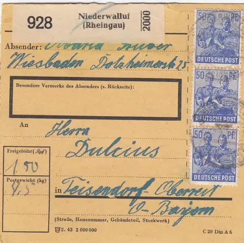 Paketkarte 1948: Wiesbaden Niederwalluf nach Teisendorf