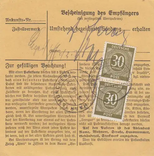 Carte de paquet 1948: Großfelda Kesachung