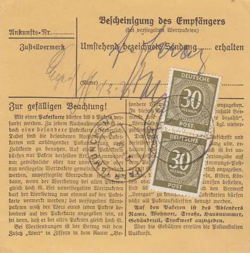 Paketkarte 1948: Großfelda Kestrich nach Haar