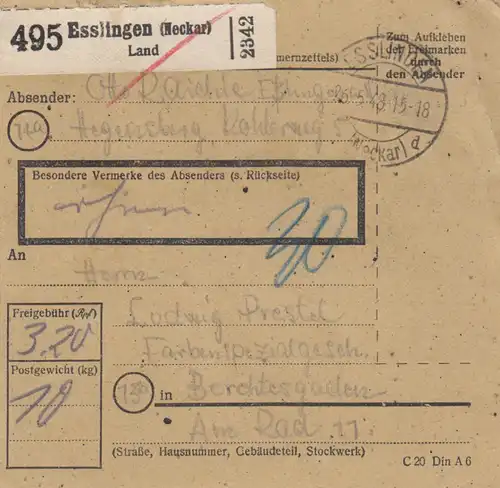Paketkarte 1948: Esslingen Hegensberg nach Berchtesgaden, Nachgebühr