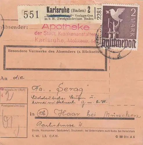 Paketkarte 1947: Apotheke Karlsruhe nach Haar, Selbstbucher