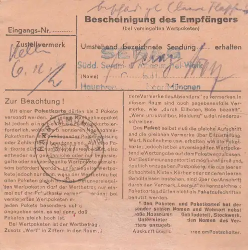 Paketkarte 1947: Apotheke Karlsruhe nach Haar, Selbstbucher