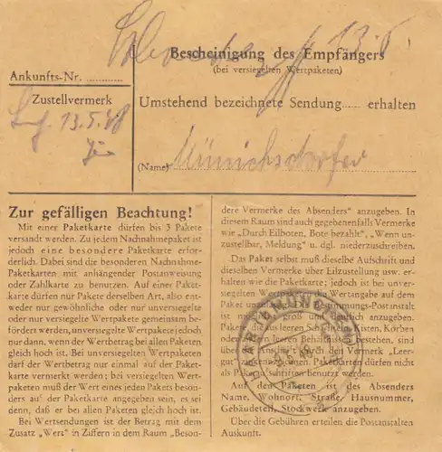 Paketkarte 1948: Leiblfing nach Haar