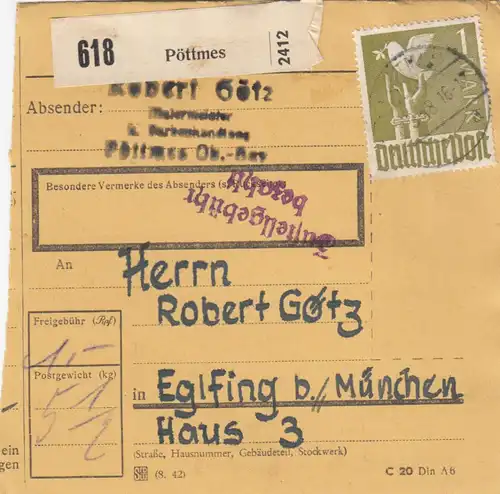Carte de paquet 1948: Pöttmes a Eglfing bei Munich