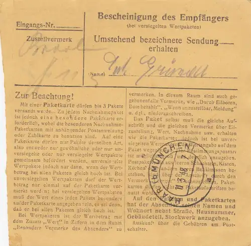 Carte de paquet 1948: Pöttmes a Eglfing bei Munich