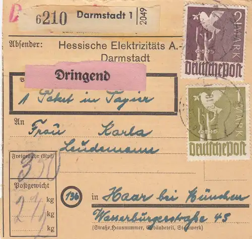 Carte de paquet 1948: Darmstadt par Haar, Urgent, Auto-bookeur