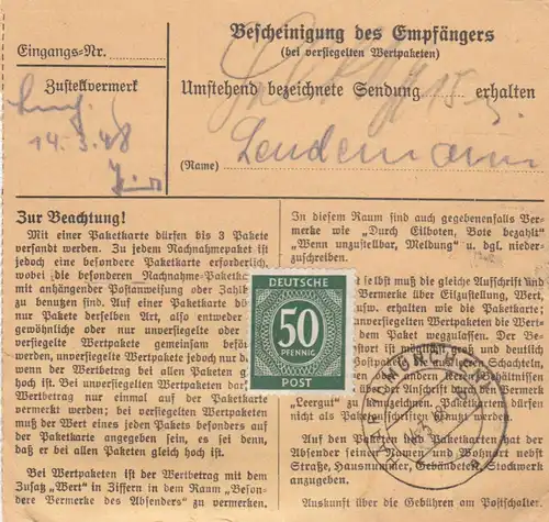 Paketkarte 1948: Darmstadt nach Haar, Dringend, Selbstbucher