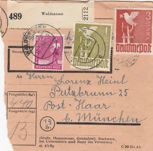 Paketkarte 1948: Waldsassen nach Putzbrunn