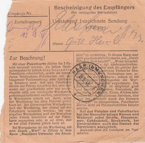 Paketkarte 1948: Waldsassen nach Putzbrunn